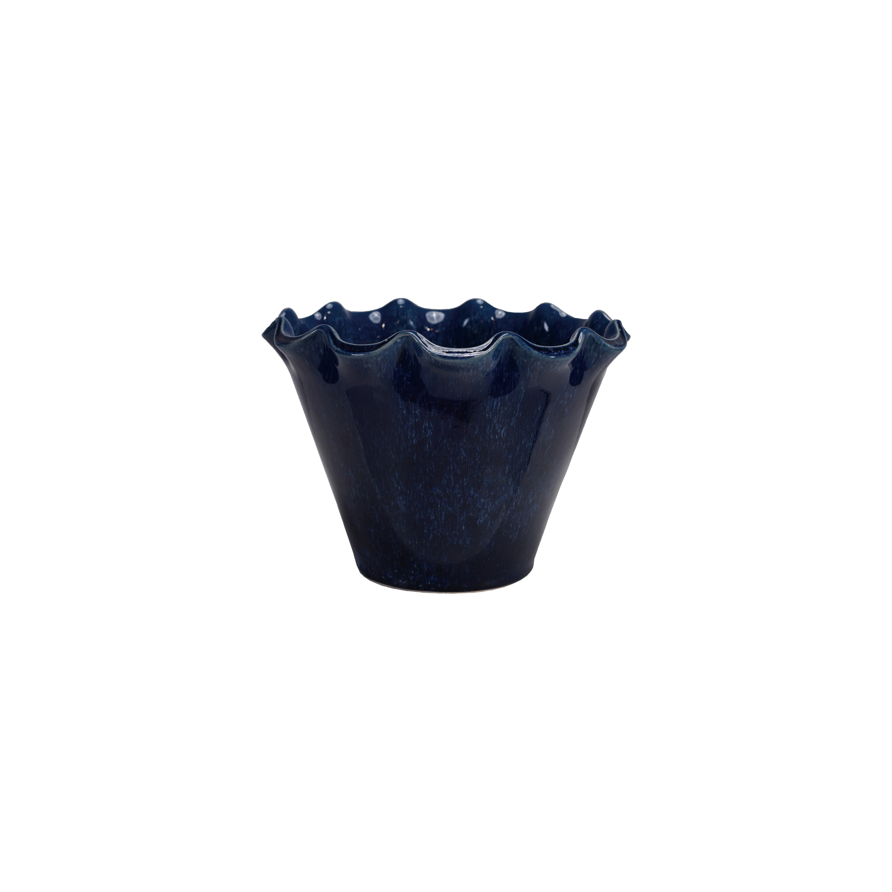 Storied Home Large Stoneware Planter With Ruffled Edge And Drainage Hole With Reactive Glaze, Blue