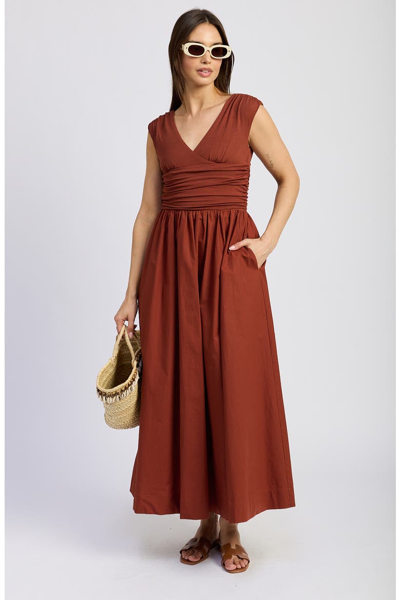 Emma Ruched Mixed Media Sundress, Alternate, color, BRICK