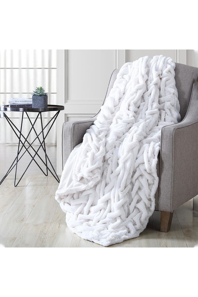 Luxury Solid Braided Faux Fur Throw - 50"x60" - Off White, Main, color, OFF WHITE