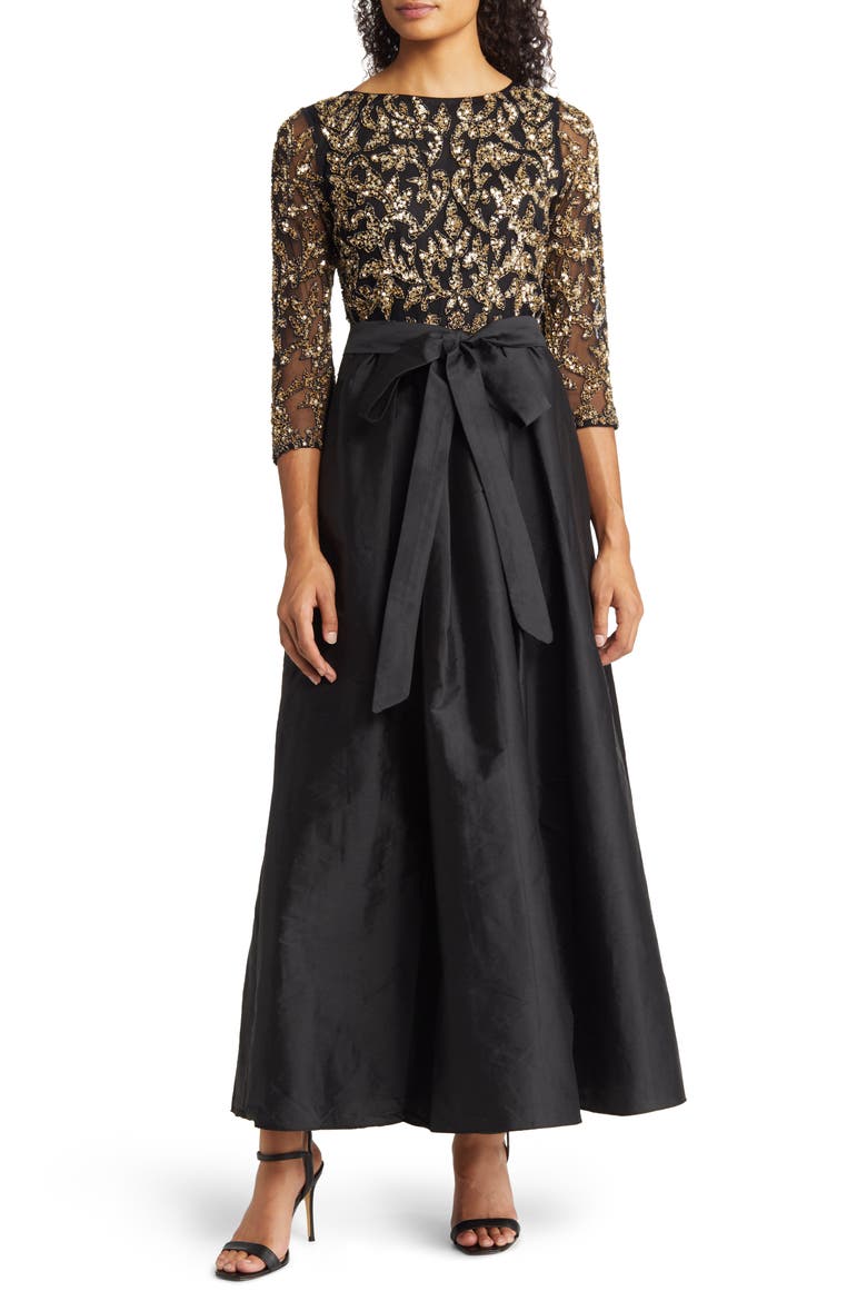Sequin Bodice Gown, Main, color, BLACK/ GOLD