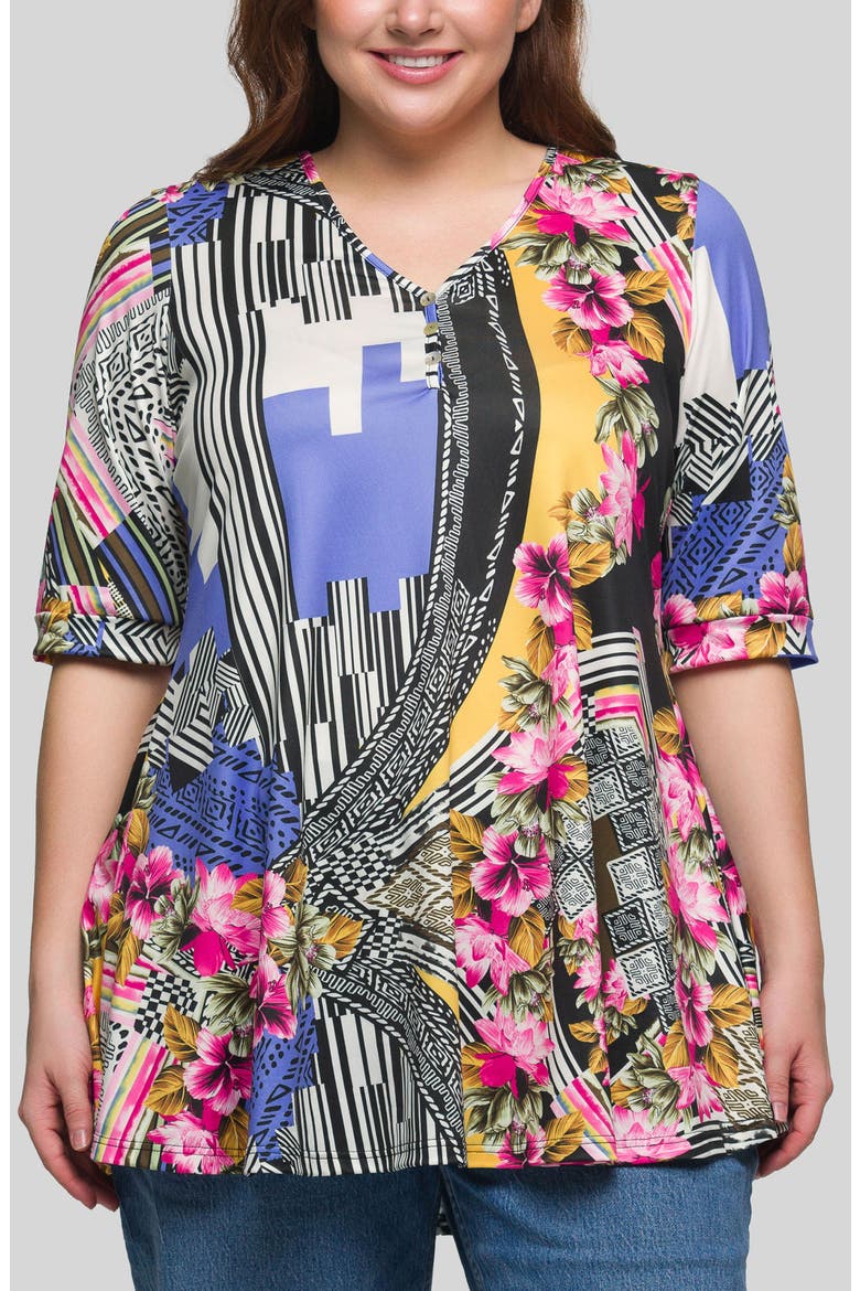 Mix Print V-Neck Tunic Top, Main, color, BLUE MULTI