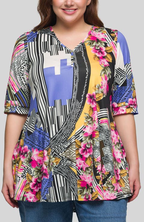 Mix Print V-Neck Tunic Top (Plus)