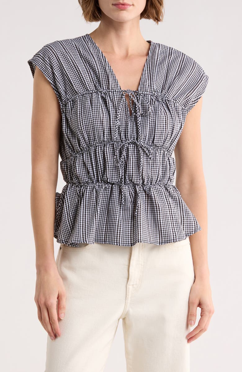 Ellen Tracy Gingham Shirred Tie Top, Main, color, 