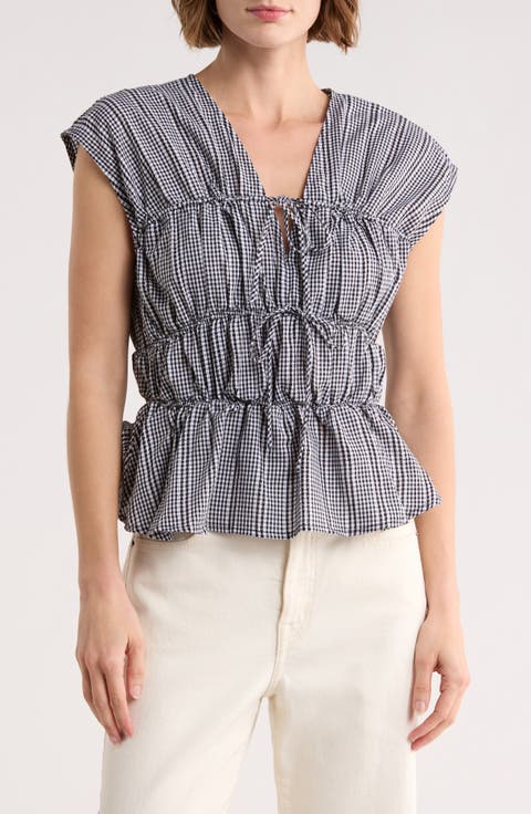 Gingham Shirred Tie Top