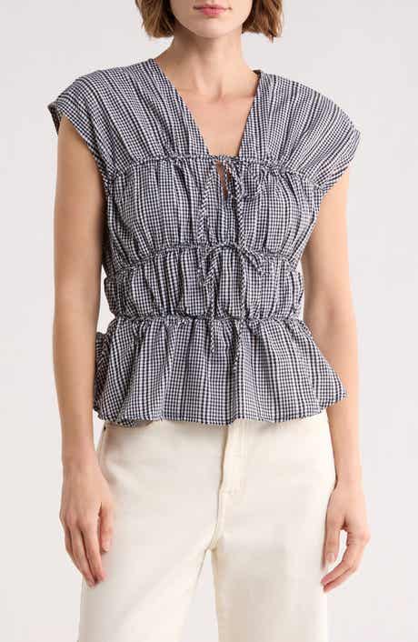 Ellen Tracy Gingham Shirred Tie Top