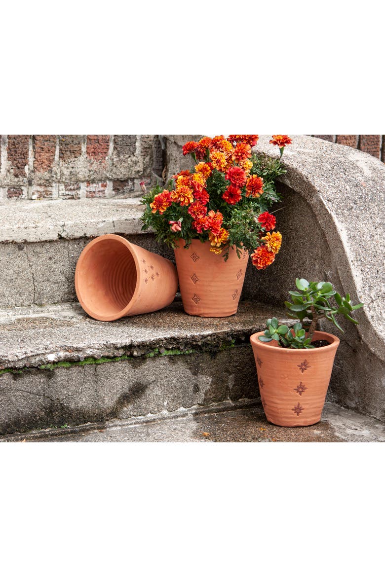 Set of 3 Natural Handthrown Terracotta Embossed Stamped Planters, Alternate, color, Brown