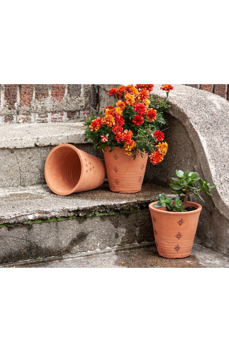 Foreside Home and Garden Set of 3 Natural Handthrown Terracotta Embossed Stamped Planters, Alternate, color, Brown