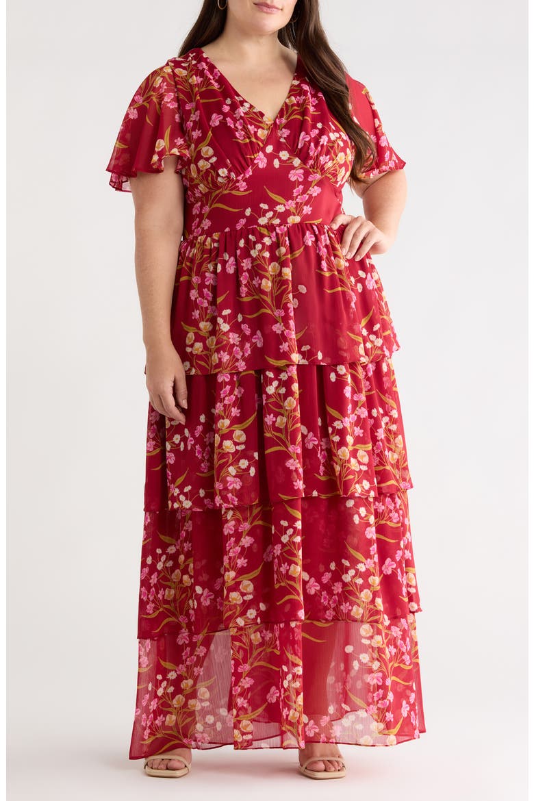 Ginnie Amabel Tiered Maxi Dress, Main, color, BURGUNDY-MULTI