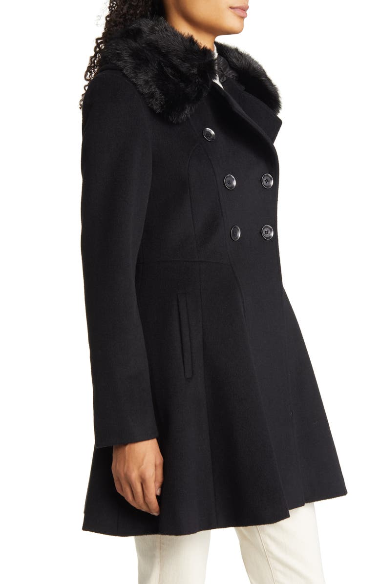 Via Spiga Women's Double Breasted Skater Faux Fur Collar Wool Blend Coat, Alternate, color, 