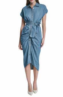 DKNY Ruched Belted Denim Shirtdress