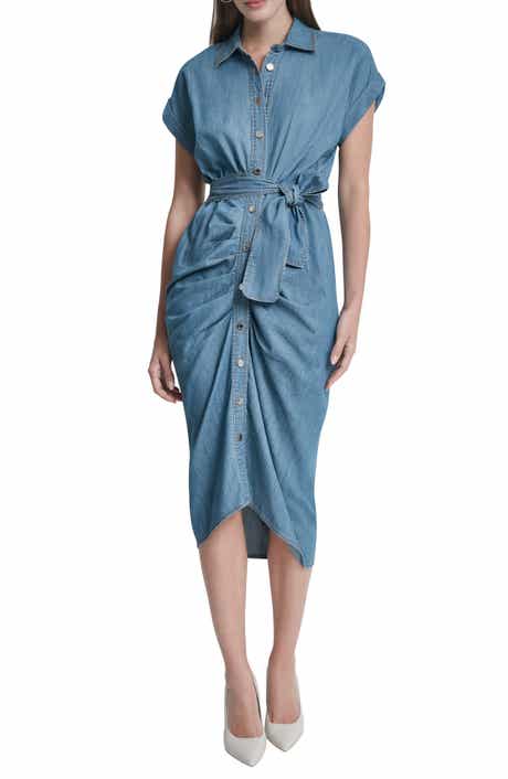 DKNY Ruched Belted Denim Shirtdress