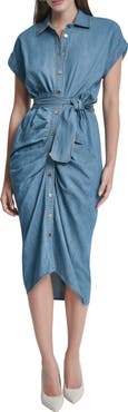 DKNY Ruched Belted Denim Shirtdress