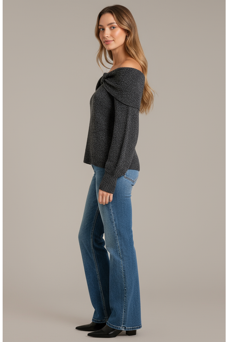 Off-Shoulder Sweater with Twisted Neckline and Balloon Sleeves, Alternate, color, Black