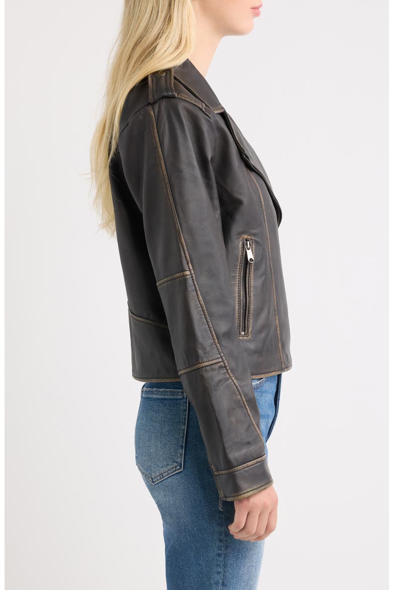 Burnished Leather Moto Jacket, Alternate, color, DK BROWN