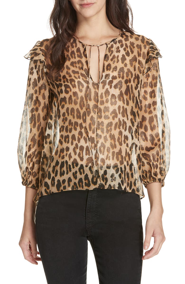 Alice + Olivia Sissy Metallic Leopard Print Silk Blend Top, Main, color, 