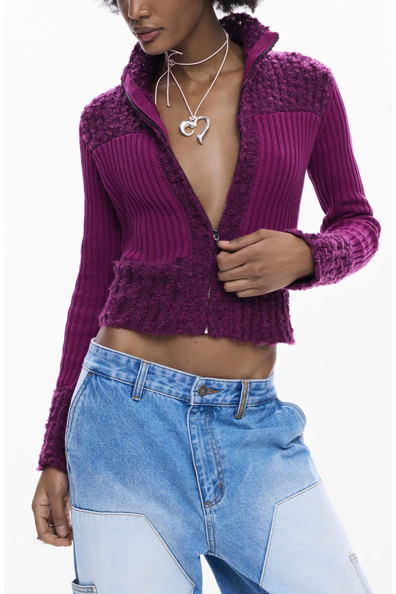 Mixed Stitch Zip Cardigan, Main, color, PURPLE
