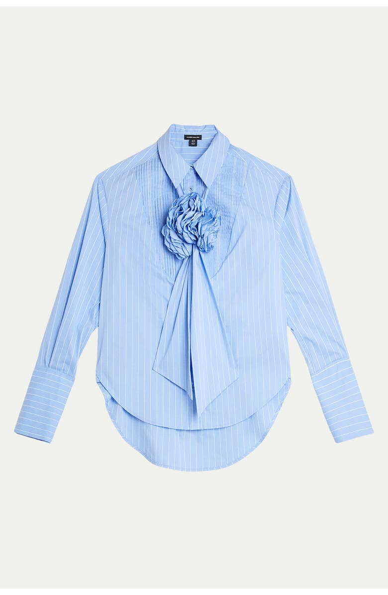 Karen Millen Striped Cotton Tie-Neck Rosette Shirt, Alternate, color, Blue