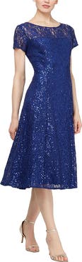 SL FASHIONS Cap Sleeve Metallic Lace Dress