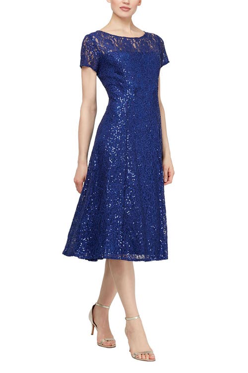 Sl Fashions Tea Length Sequin Lace Dress In Blue