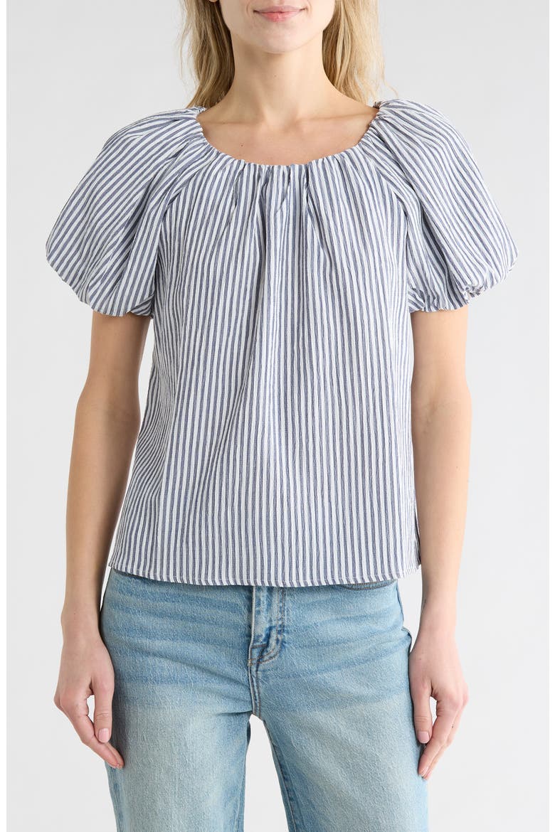 Stripe Puff Sleeve Seersucker Top, Main, color, NAVY WHITE
