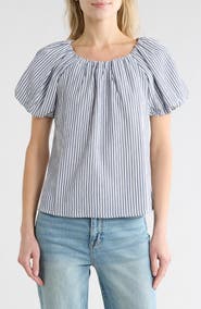 CHENAULT Stripe Puff Sleeve Seersucker Top