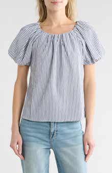 CHENAULT Stripe Puff Sleeve Seersucker Top
