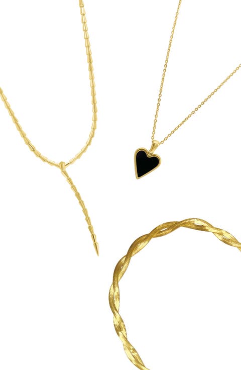 Set of 3 Lariat Herringbone & Heart Pendant Necklaces