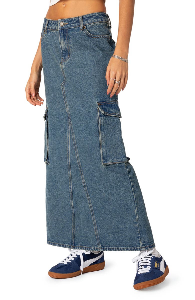 EDIKTED Denim Cargo Maxi Skirt, Alternate, color, 