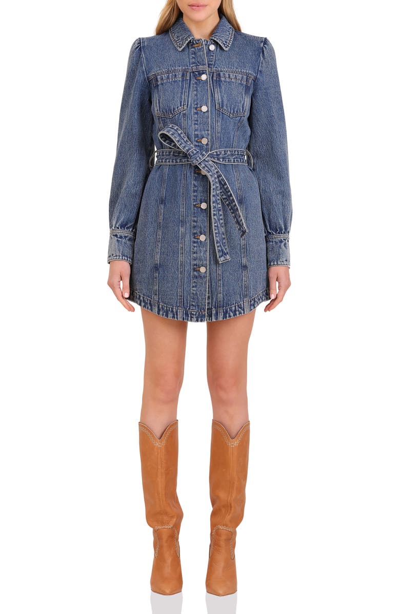 Avec Les Filles Belted Puff Sleeve Denim Dress, Main, color, Indigo Vintage Acid
