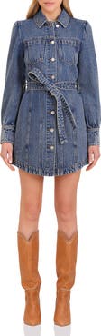 Avec Les Filles Belted Puff Sleeve Denim Dress