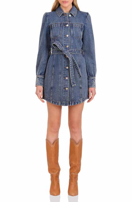 Avec Les Filles Belted Puff Sleeve Denim Dress