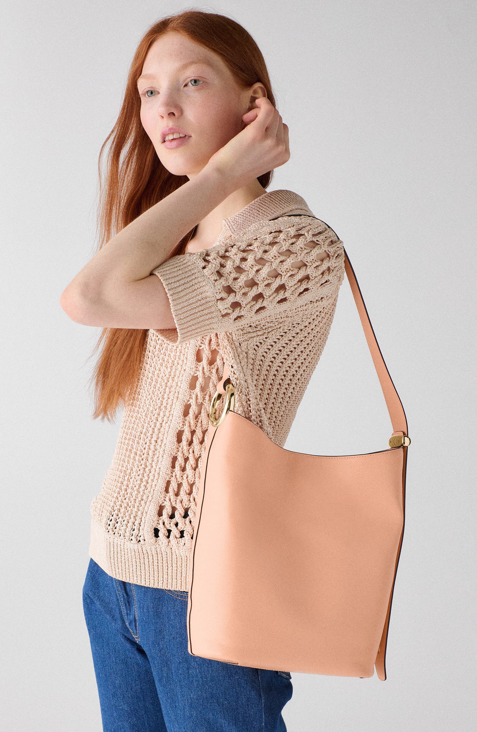 halo fine grain leather bucket bag, Alternate, color, LIGHT CANTALOUPE