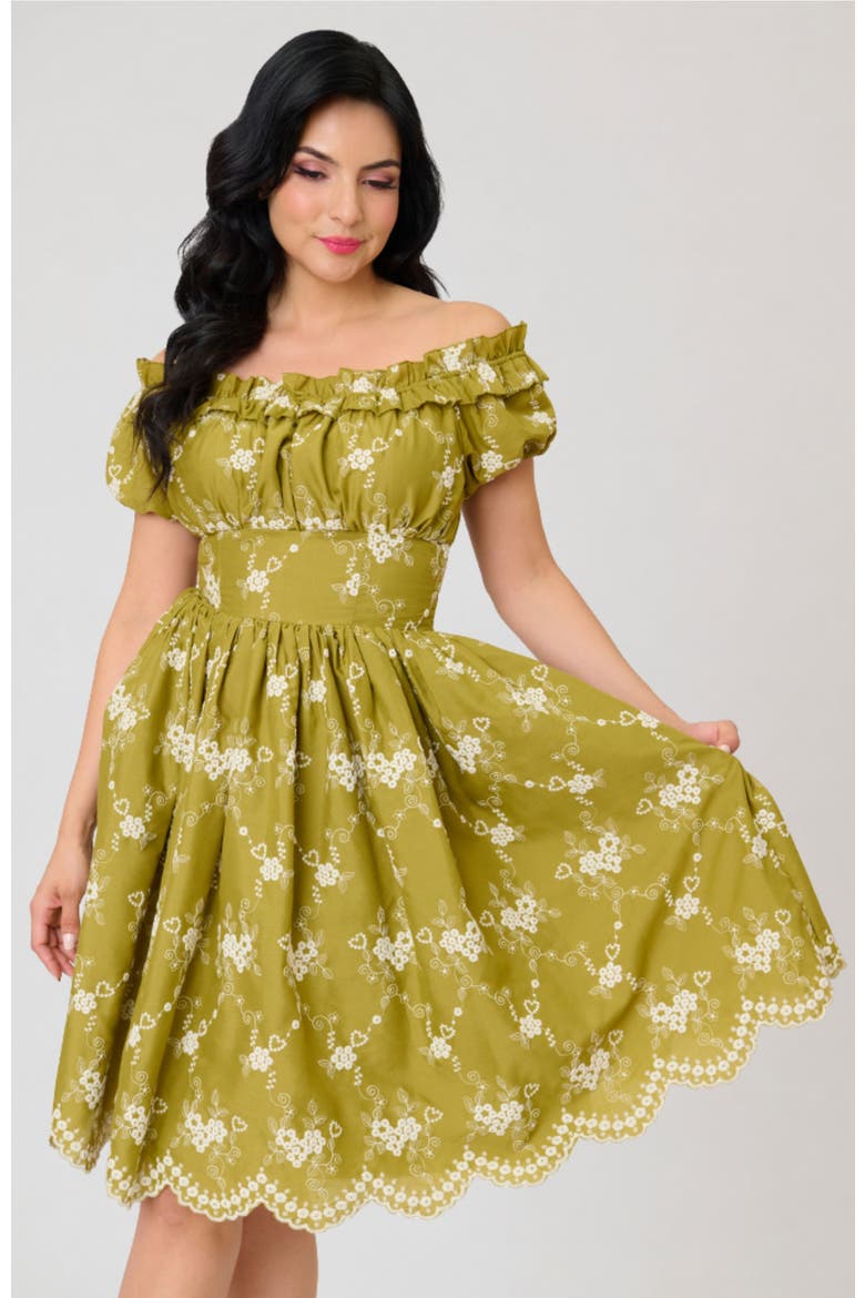 1950s Off The Shoulder Ruffle Swing Dress, Alternate, color, Green w/ Floral Print