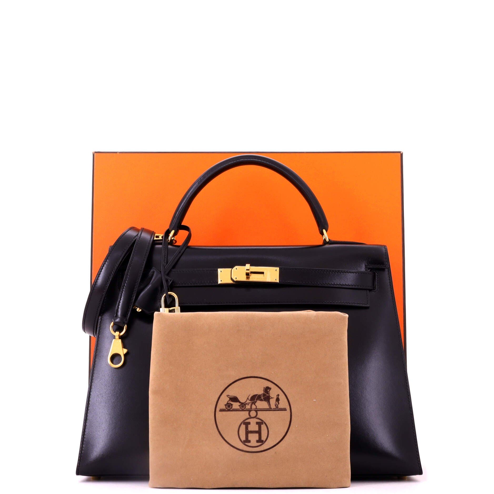 Pre-Owned Hermes Kelly Handbag Black Box Calf with Gold Hardware 32, Alternate, color, Noir