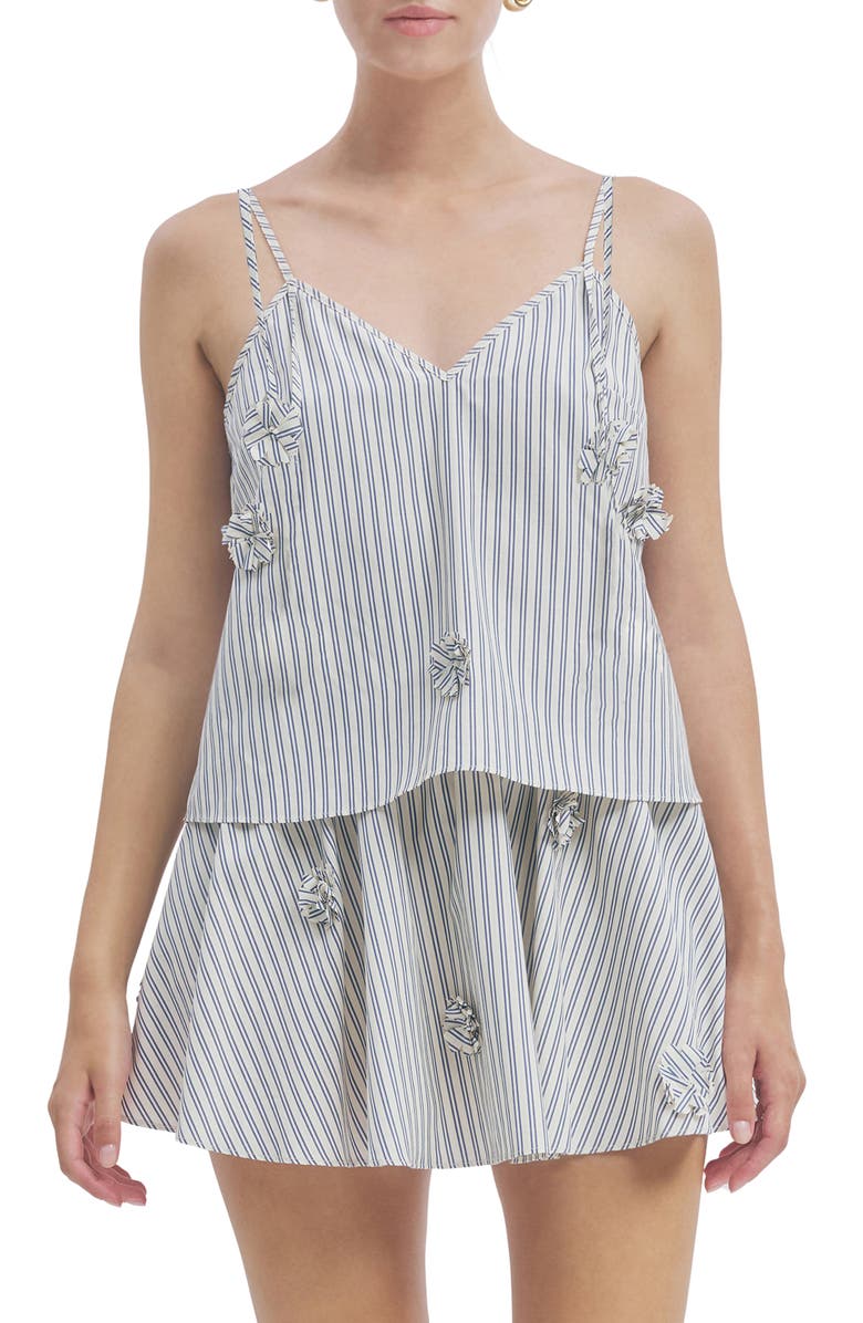 MAUDE CLUB Paige Rosette Detail Stripe Cotton Blend Take, Main, color, Sand Navy Stripe