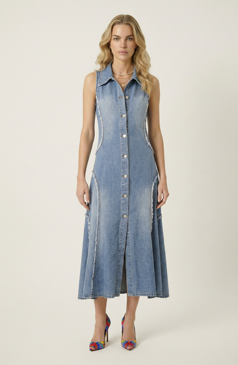 Modenaire Sleeveless Denim Button Front Midi Dress, Main, color, Light Blue Wash