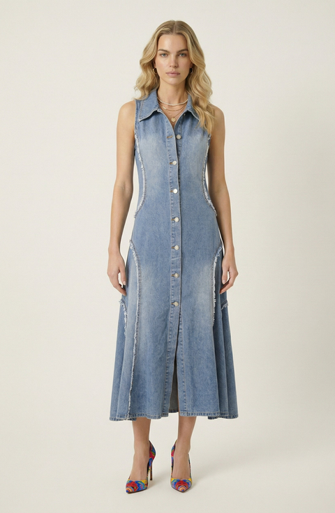 Sleeveless Denim Button Front Midi Dress