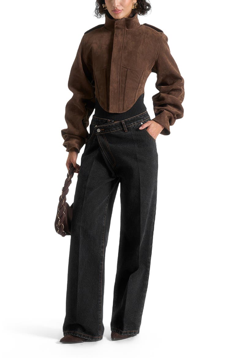 Solange Suede Tacked Sleeve Corset Jacket, Alternate, color, Brown