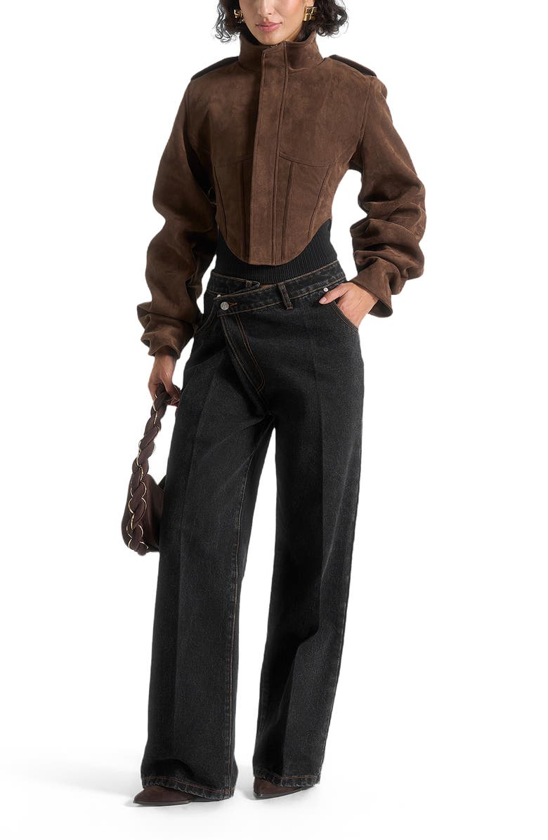 Manière De Voir Solange Suede Tacked Sleeve Corset Jacket, Alternate, color, Brown