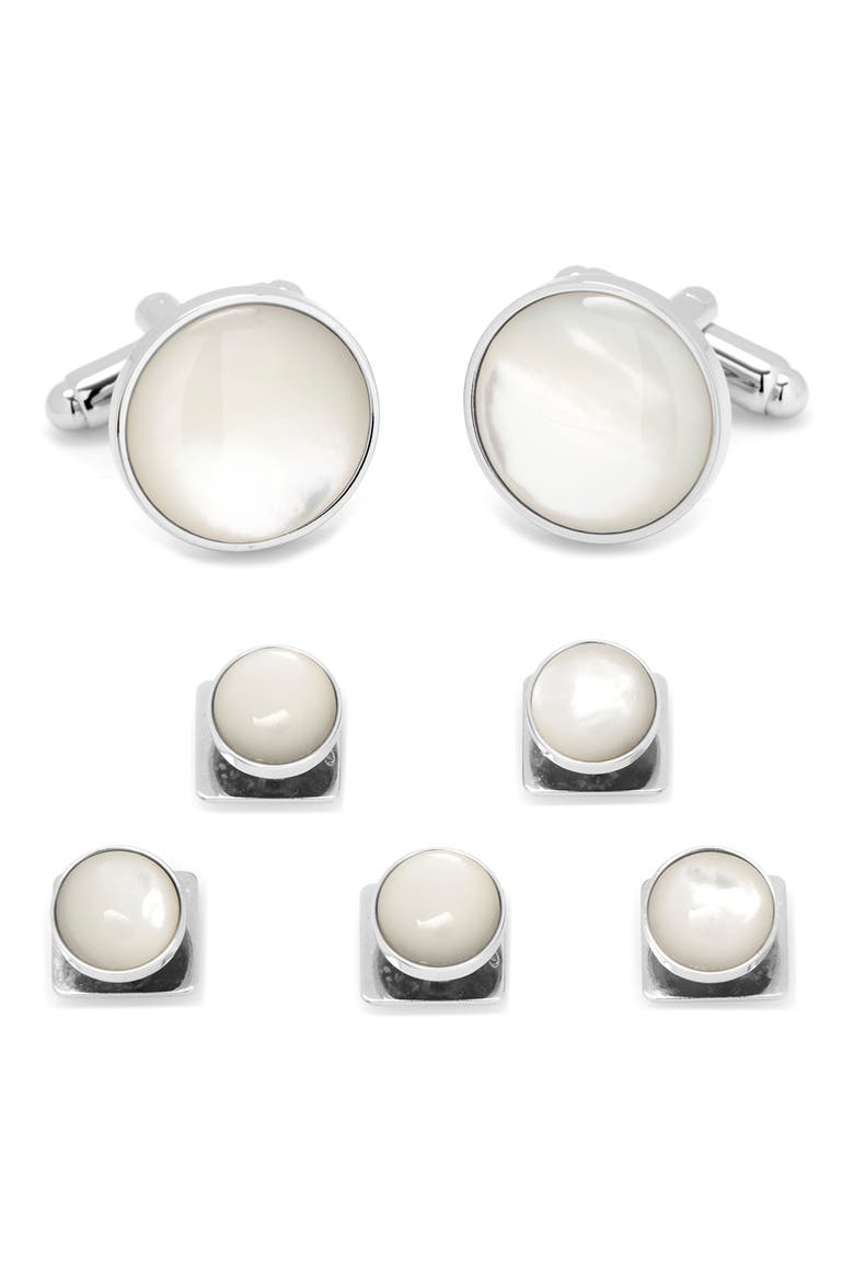 Mother-of-Pearl Cuff Links & Studs Set, Main, color, WHITE