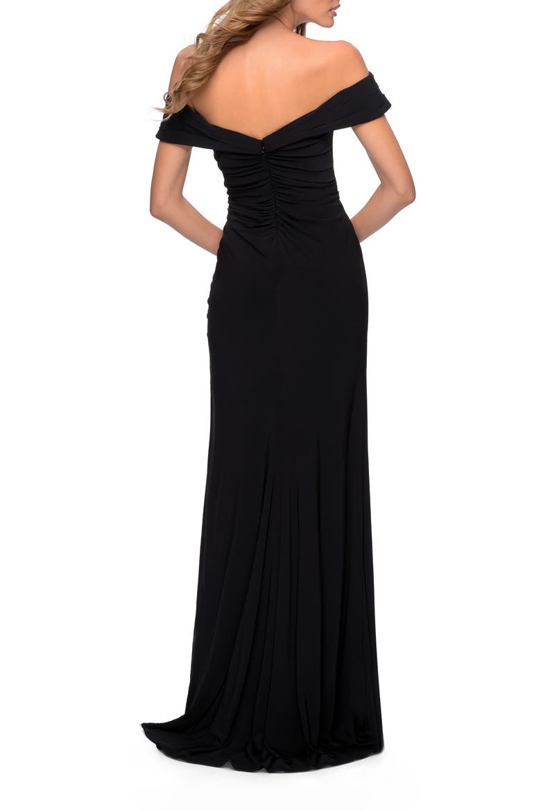 Off the Shoulder Fully Ruched Floor Length Gown, Alternate, color, Black