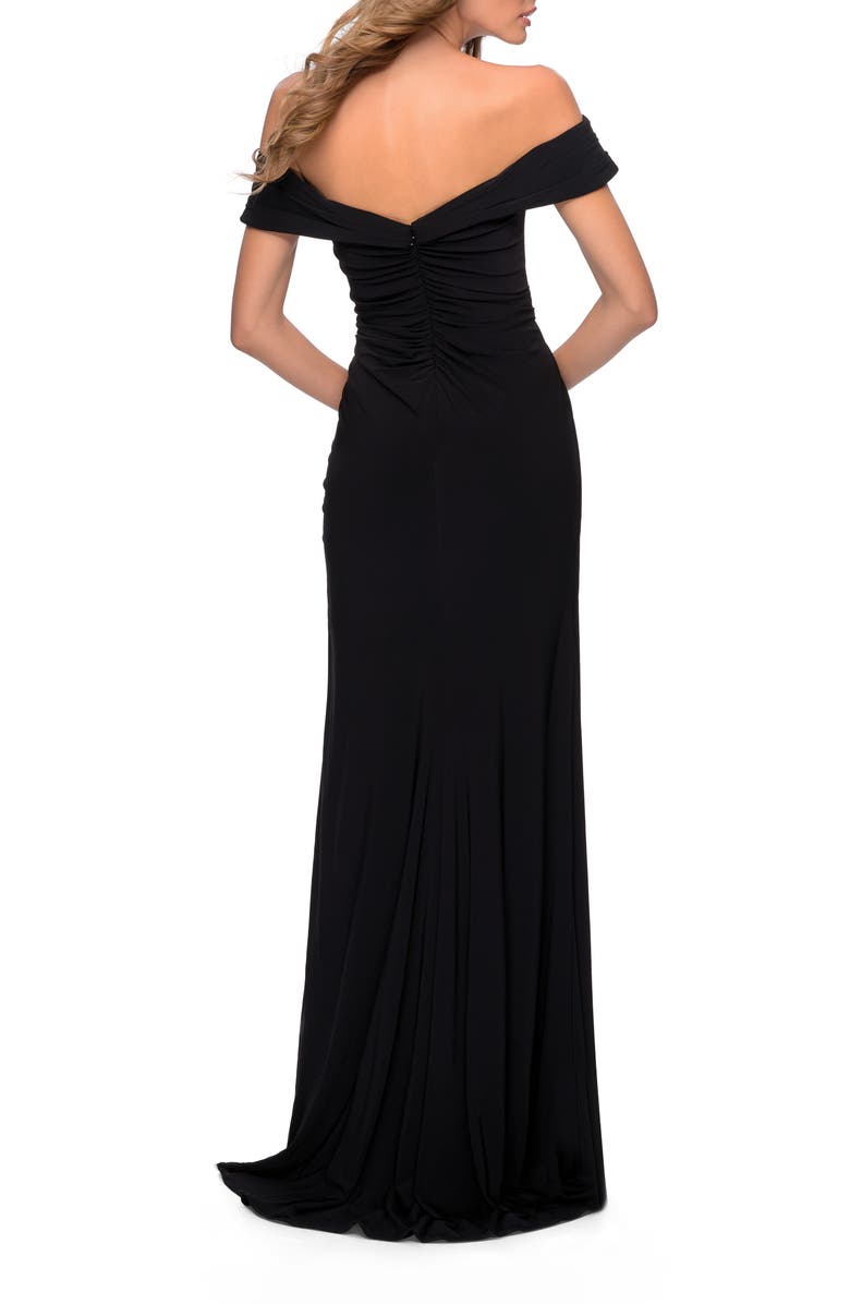 La Femme Off the Shoulder Fully Ruched Floor Length Gown, Alternate, color, Black
