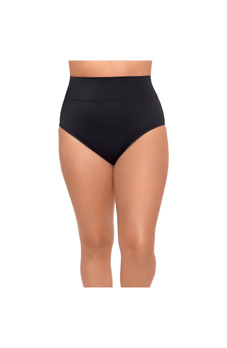 Trimshaper Wide Waistband Yoke-Top Control Plus Size Swim Brief, Main, color, Black