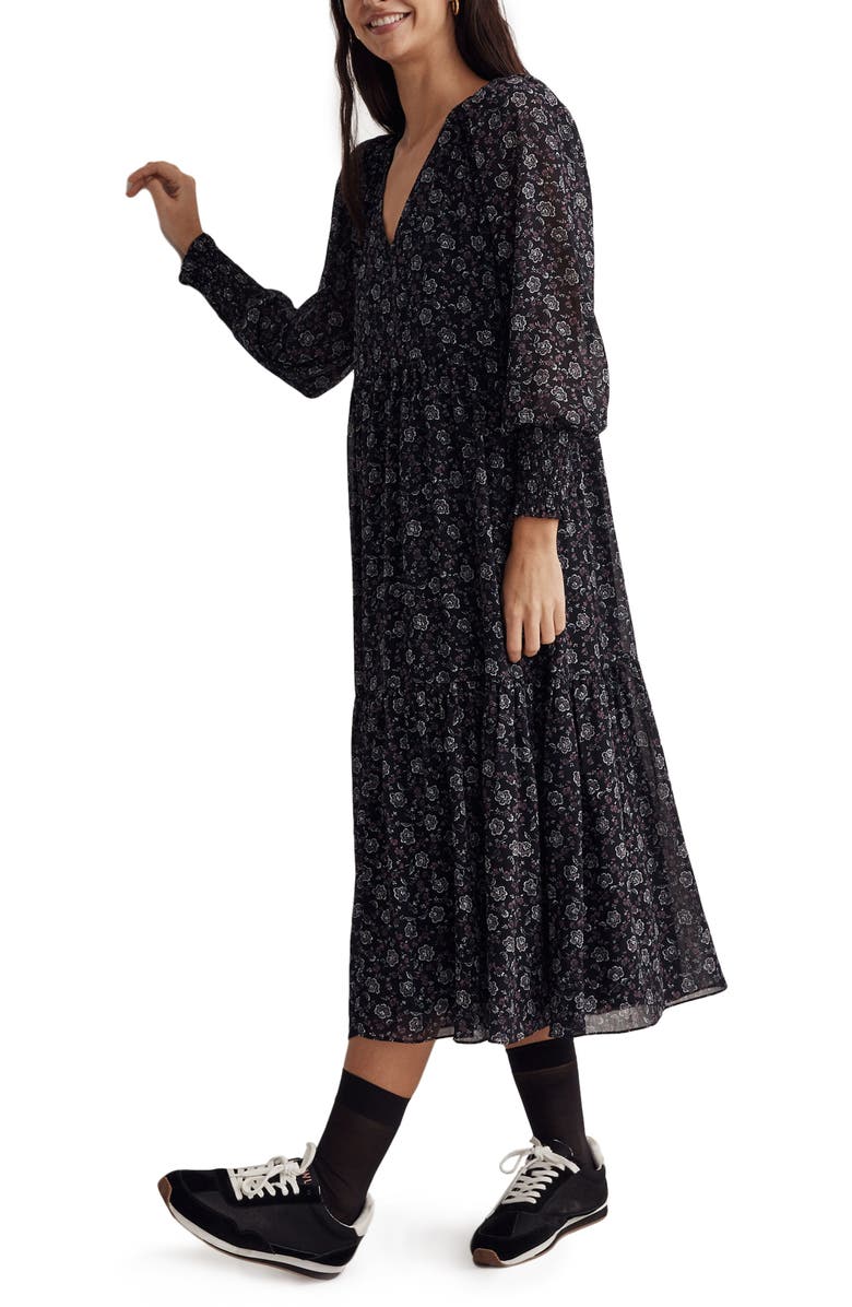 Madewell Enchanted Floral Long Sleeve Georgette V-Neck Tiered Midi Dress, Alternate, color, Night Vision