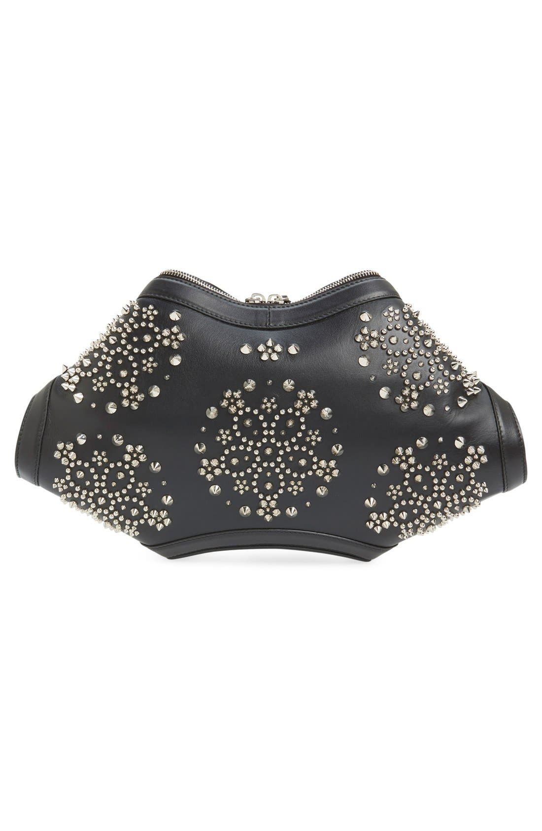 Alexander McQueen 'De Manta - Flower Studs' Calfskin Leather Clutch, Alternate, color, BLACK