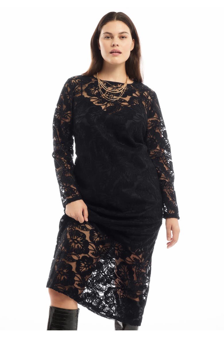 Lined Lace Column Midi Dress, Alternate, color, BLACK ONYX
