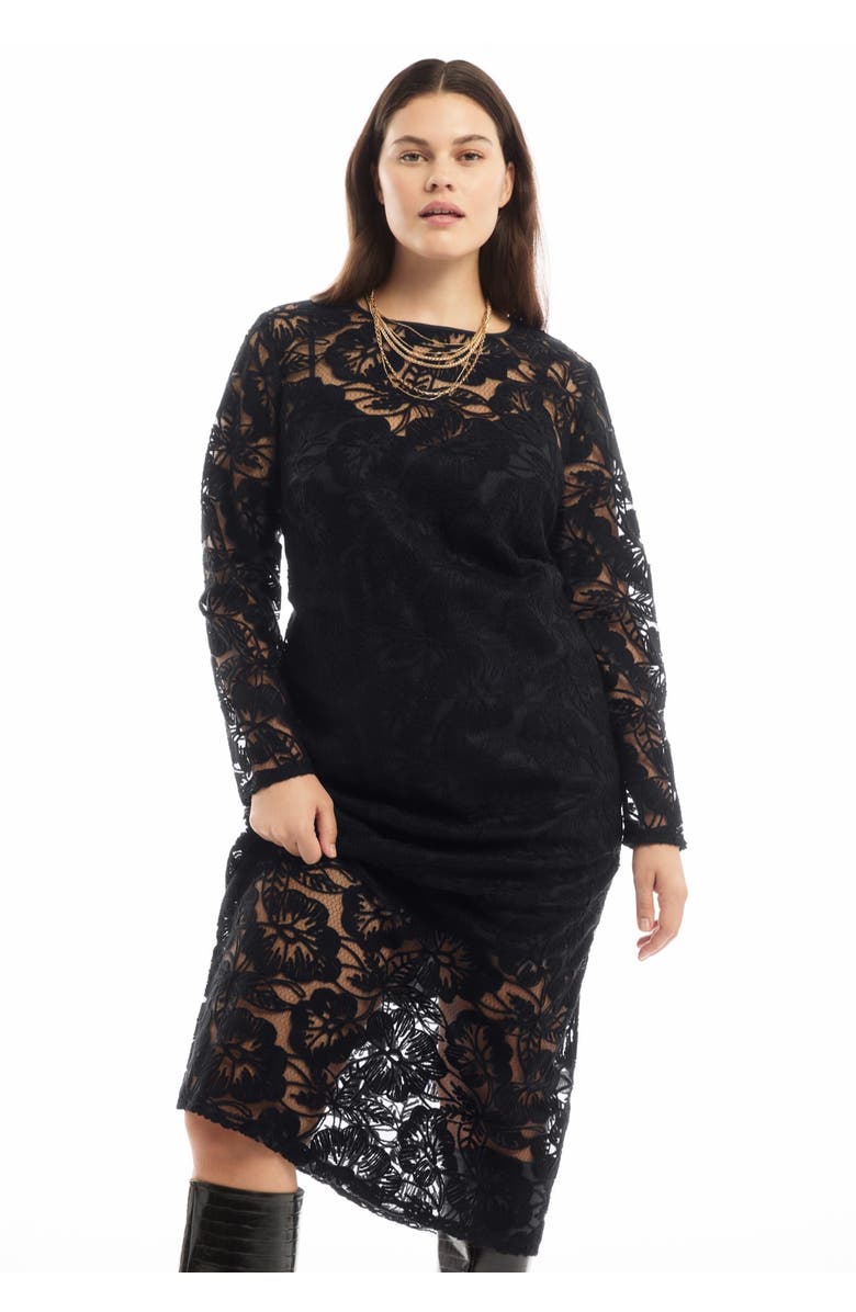 June + Vie Lined Lace Column Midi Dress, Alternate, color, Black Onyx