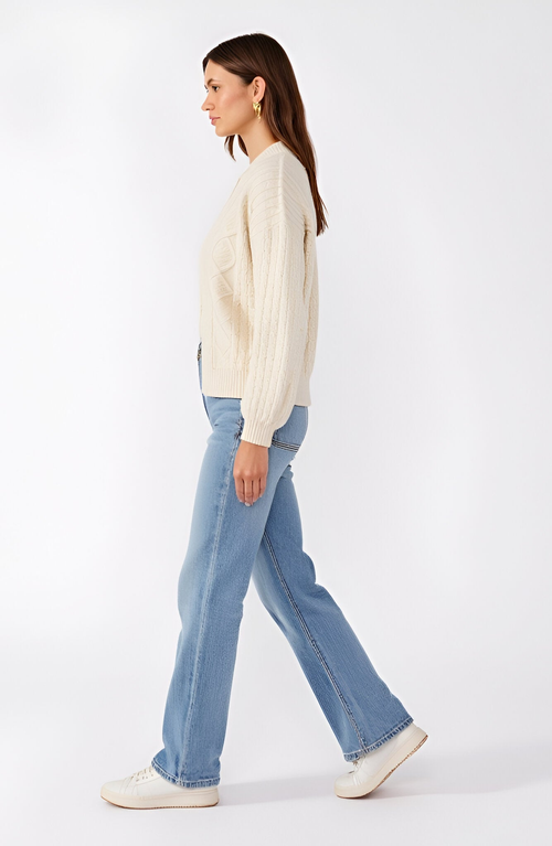 Modenaire Cable Knit Zip Front Cardigan With Diamond Pattern And Ribbed Trim Balloon Sleeves In White
