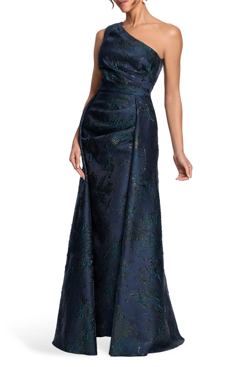 One-Shoulder Jacquard Gown, Alternate, color, NAVY/ GREEN