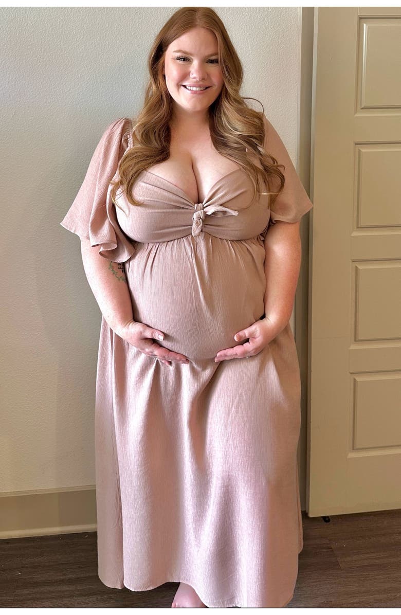 PinkBlush Front Tie Ruffle Sleeve Midi Dress, Alternate, color, Mocha